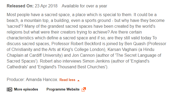 From  #BeyondBeleif  @BBCSounds Prof  #RobertBeckford  @queensfdn and other leading theologians discuss the universal & particular of human experience of  #SacredSpaces and their significance to cultures & identities and the ubiquity of Divine presence.11/100 https://www.bbc.co.uk/sounds/play/b09zv5ly