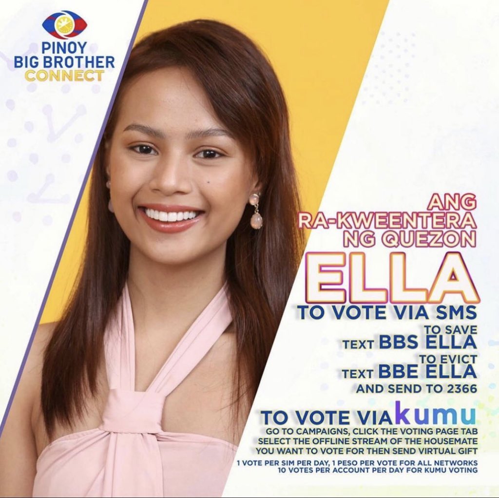 You have the Power to Vote‼️
#PBB8thNomination 
Vote to Save:
Via SMS text BBS Ella and send to 2366
Vote to Evict:
Via SMS text BBE Ella and send to 2366

You can also send virtual gifts on Kumu!
Save: app.kumu.ph/vnXTLVCvQdb
Evict: app.kumu.ph/YxUAGVBvQdb