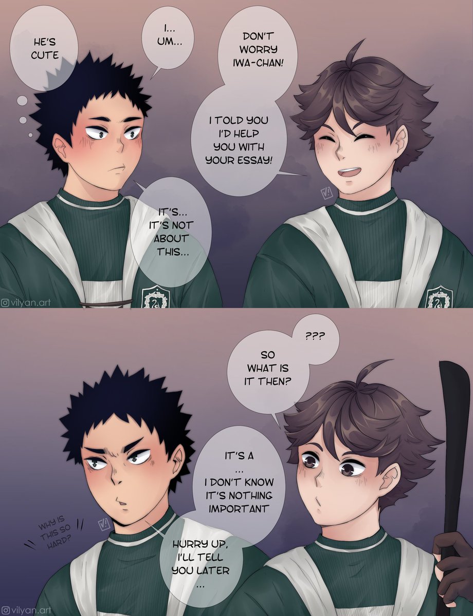 Part 4
Iwaizumi you coward...
We're nearing the end! 
#iwaoi #iwaizumihajime #oikawatooru #haikyuu #HarryPotterAU 