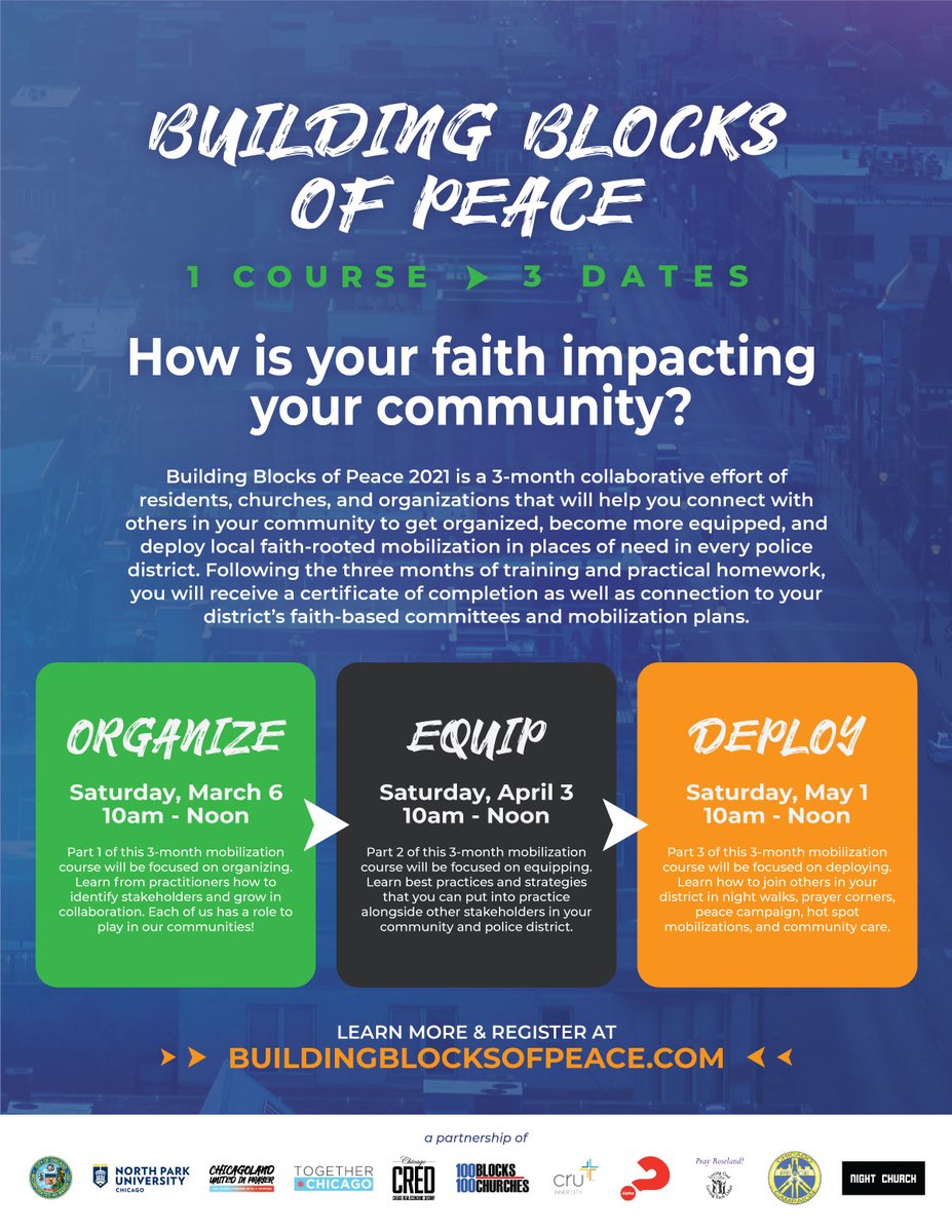 ChiUnitePray's tweet photo. How is your faith impacting your community?
We are thrilled to be working alongside many other great organizations on #BuildingBlocksofPeace 2021
1 Course > 3 Dates (Mar 6, Apr 3, May 1)

Learn More &amp; Register:
https://t.co/tgBQ9OJD6P https://t.co/eGE0VPwNSK