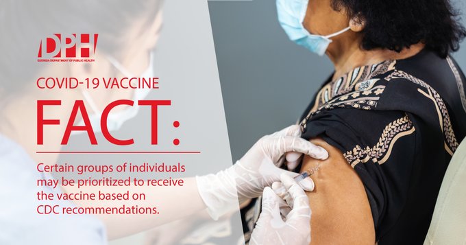 #GAHaveYouHeard 
FACT: The ultimate goal will be to vaccinate as many people as possible to prevent the continued spread of COVID-19. Certain groups of individuals may be prioritized to receive the vaccine based on CDC recommendations.
dph.georgia.gov/covid-vaccine