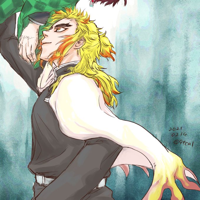 紙魚(しみ)または竹内黎さんがTwitterに投稿した煉獄杏寿郎(鬼滅の刃)のイラスト。