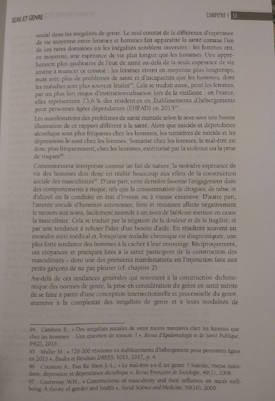 Du point de vue des rapports entre genre et santé, on peut également se référer à ce passage de l'Introduction aux Etudes sur le genre : https://fr.calameo.com/read/0000158565eea19838a29