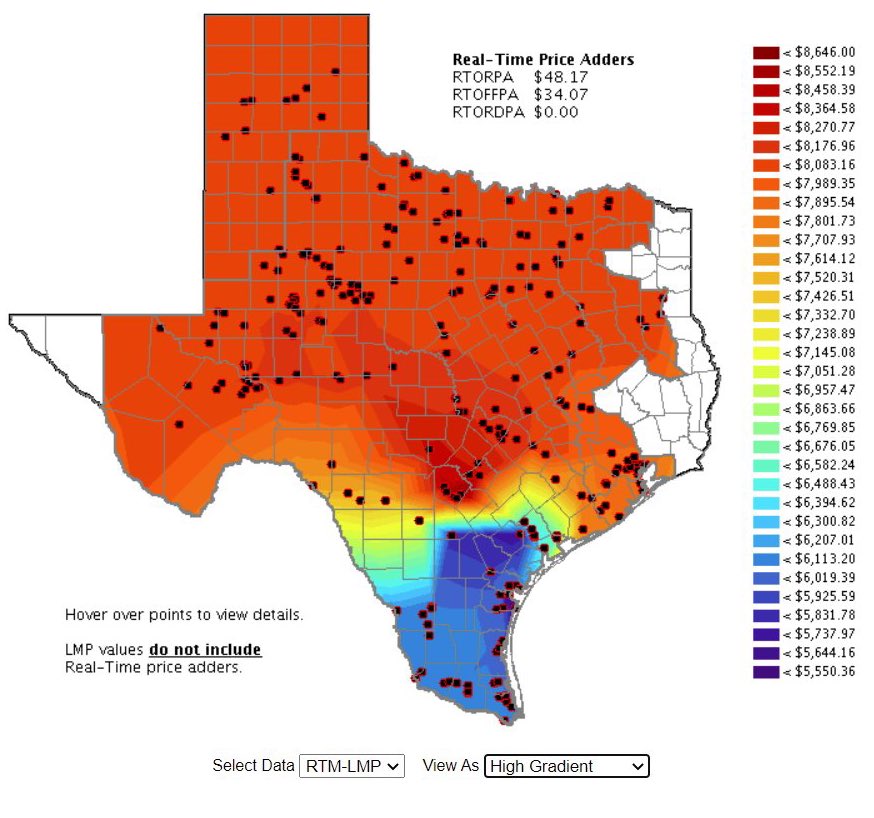 JavierBlas's tweet image. Texas utilities are asking citizens to conserve electricity if possible as ERCOT prices surge across the board above $5,000 per Mw (!!!) and hit the $9,000 cap in many nodes. Texas electricity grid is facing massive demand as cold weather hits southern and central U.S. states
