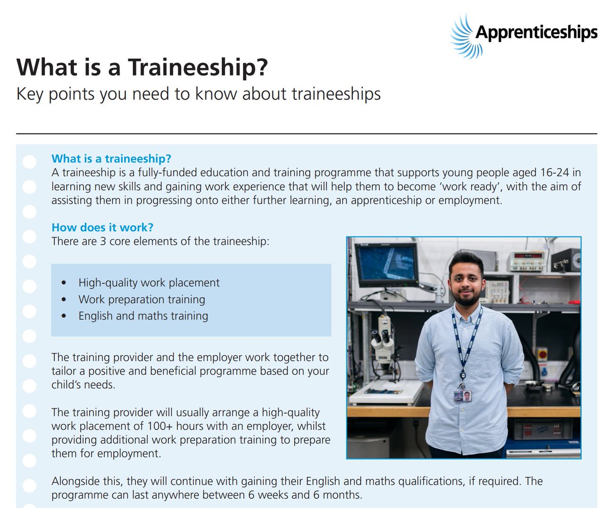 Apprenticeships's tweet photo. If you don’t think your child is quite ready for an apprenticeship yet, a traineeship can be a great route into an apprenticeship, further training, or employment. You can find out more in this factsheet from @AmazingAppsUK https://t.co/HLwJuKeTaH #PlanForJobs #NAW2021 https://t.co/NcDyFBDpyX