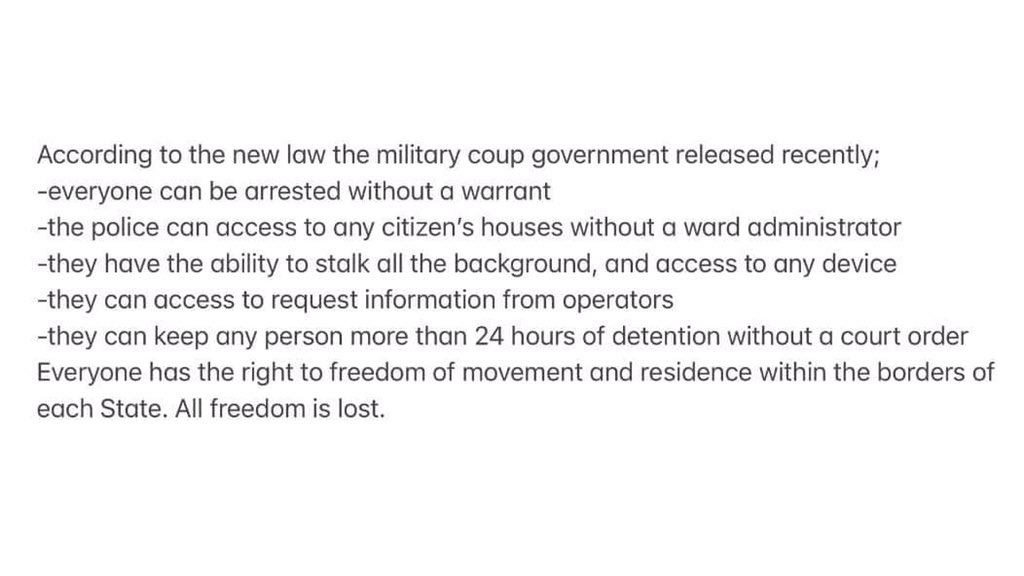 BunnyPhyoe's tweet photo. The new law that military just announced completely violates all the basic human rights of the citizens, disregarding everything discussed at the UN yesterday. 
#WhatsHappeningInMyanmar 
#CrimesAgainstHumanity 
@RapporteurUn @UNHumanRights @POTUS @UNinMyanmar @hrw @freya_cole https://t.co/BhyXHkWjXH