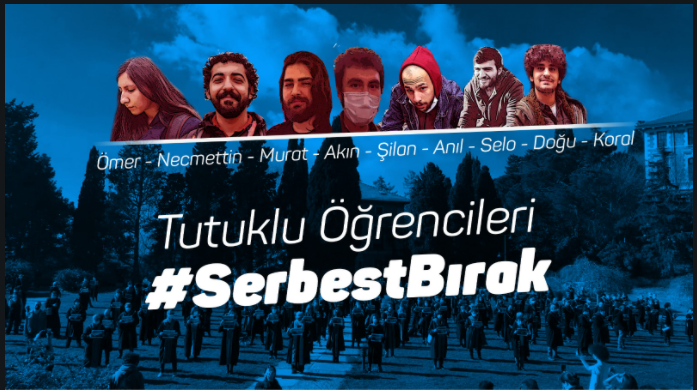 Ömer’i, 
Necmettin’i, 
Murat’ı,
Akın’ı, 
Şilan’ı,
Anıl’ı,
Selo’yu
Doğu’yu
Koral’ı  
#SerbestBırak 
Protesto haktır.
Hukuksuzca tutuklanan öğrencileri #SerbestBırak
