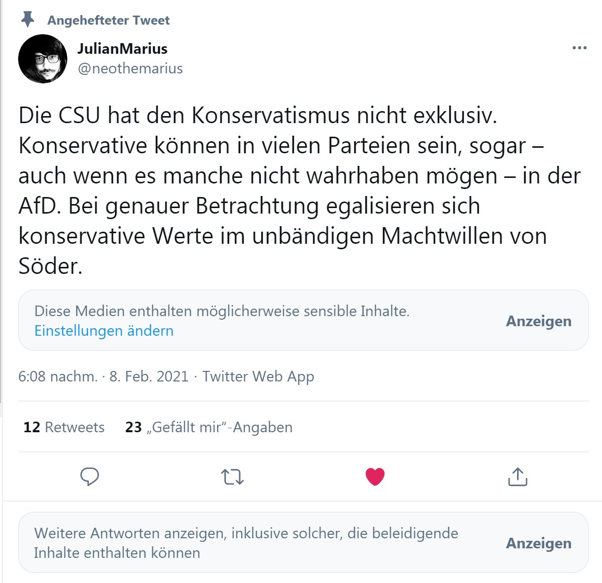 i_iangg's tweet photo. #TwitterAbsurd #TwitterSperrt
Schauen Sie mal die Screenshots an
Tweets werden mit "Diese Medien enthalten möglicherweise sensible Inhalte" gekennzeichnet und ausgeblendet
Clickt man "Anzeigen" an, kommt der banalste Inhalt zum Vorschein
Warum?
@neothemarius
@Arnd_Diringer https://t.co/p0M1P8J7IP