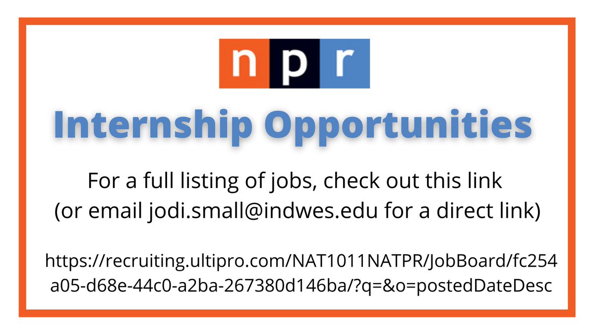 IWUcom's tweet image. Still looking for an internship? We're here to help!

Check out these opportunities with NPR!

#iwucomm #indwes #internships #NPR