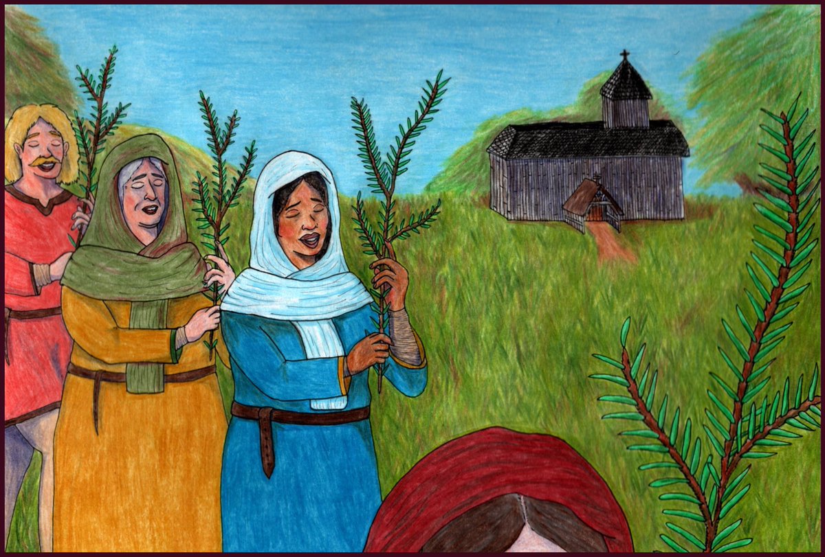 NEW! For  #BlackHistoryMonth   I bring you the story of the parishioner of North Elmham. Buried in the cathedral cemetery over 1000 years ago, she was a Black woman who lived, worshiped and died in an early medieval English community. She's pictured here celebrating Palm Sunday. 1/