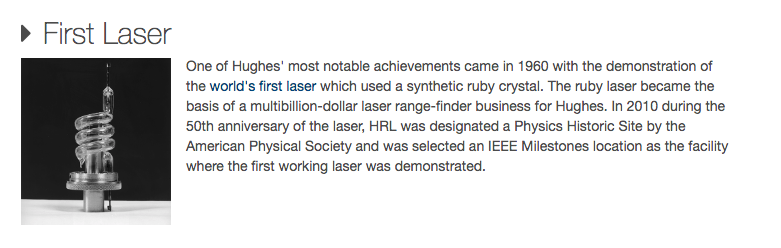 1960 - Roberts experimented with the creation of artificial rubies - the original "Gemstone experiment". Hughes Aircraft was experimenting with laser beam technology using synthetic rubies for their light refraction qualities.