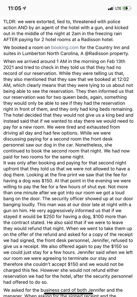 jdiamond22's tweet photo. Extorted, lied to, threatened with police action, threatened by an *employee* with a gun, and then kicked out at 2am in the freezing rain during a pandemic AFTER paying for 2 hotel rooms by @Radisson @RadissonHotels @RadissonRewards @RadissonBlu @CountryInnGR whole ordeal below https://t.co/lvQugCMvan