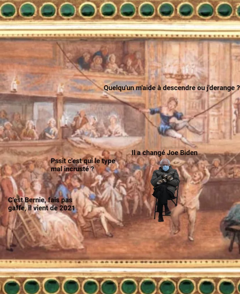 Le distanciel n’empêche pas la créativité : Le talent d’une étudiante de L3 revisitant les théâtres de la Foire au XVIIIe ⁦<a href="/AnneBaillot/">Anne Baillot (🦣 @anne_baillot@mamot.fr)</a>⁩ qui veut un mème de #berniesanders ce samedi !