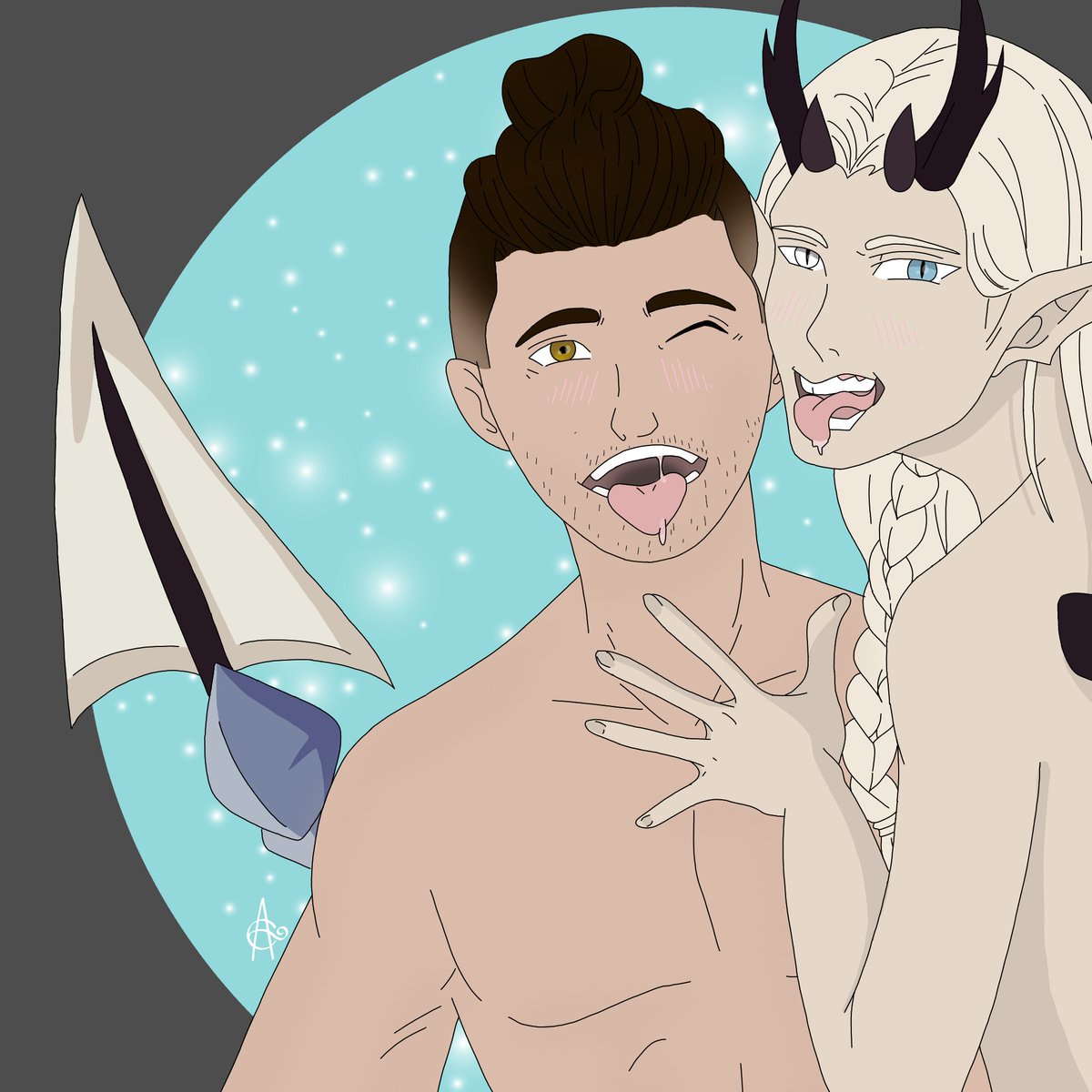 Anniellecoleman's tweet photo. Happy Valentine's Day hahah this was really fun to draw are you sure he isn't to strong for you 😜
@NarratorDave @TabletopTime #tabletoptime
My character yukinari and Dave
There not naked just shirtless a quote from Dave "a lick it is mine" https://t.co/L4fb9I0MJG