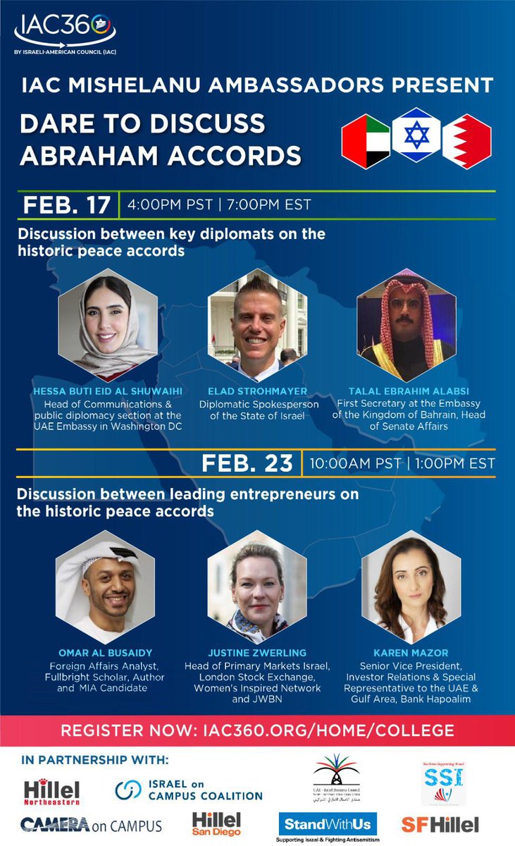 Thrilled to be co-sponsoring these great events being hosted by the Israel-American Council's Mishelanu.  Our very own <a href="/JustineZwerling/">Justine Zwerling</a> will be speaking along with our friend <a href="/omaralbusaidy/">Omar Al Busaidy عمر البوسعيدي 🇦🇪</a> 

Make sure to sign up