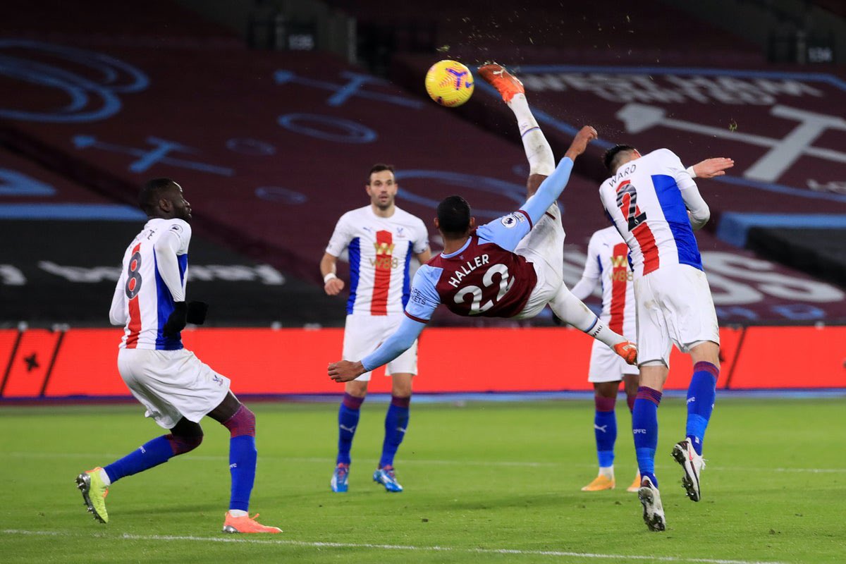 Out of favour Haller scores a bicycle kick to scrape West Ham a draw.Last goal for them.