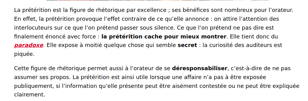 La prétérition : ça consiste à dire que l'on ne fait pas quelque chose et faire ce quelque chose droit derrière.Exemple : Prétendre que l'on ne veut pas faire une théorie complotiste pour mieux fourguer une théorie complotiste. Et c'est la base de ce machin...2/n