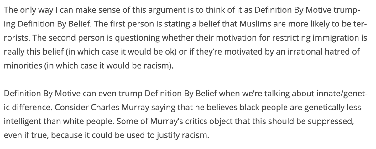 But if you go and read the actual article, SSC is citing Murray not to agree with him but in order to parse the various ways that one might object to Murray's beliefs *as racist*.