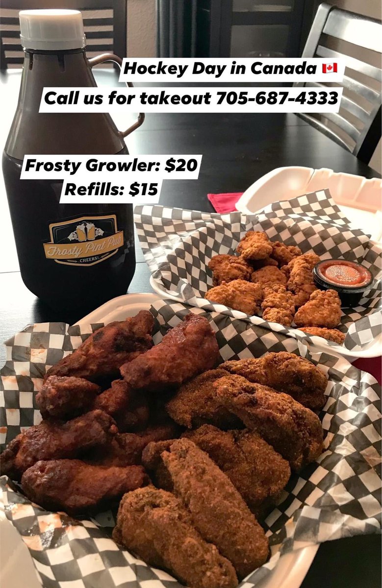 When you’re picking up takeout for the games today, don’t forget to bring back your growler! Refills are only $15!! 🍺 Or grab a new one for $20. We’re open today 11:30-8pm. Call 705-687-4333. #HockeyDay #gravenhurst #muskoka #growler #takeout #pubfood #frostypintpub