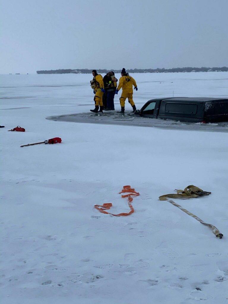 NMFireRescue's tweet photo. Good luck to all the sturgeon spearers this weekend, please stay safe and be aware of your surroundings. Crews responded earlier this morning for a submerged vehicle. Everyone was alright. https://t.co/4Fc58qhehk