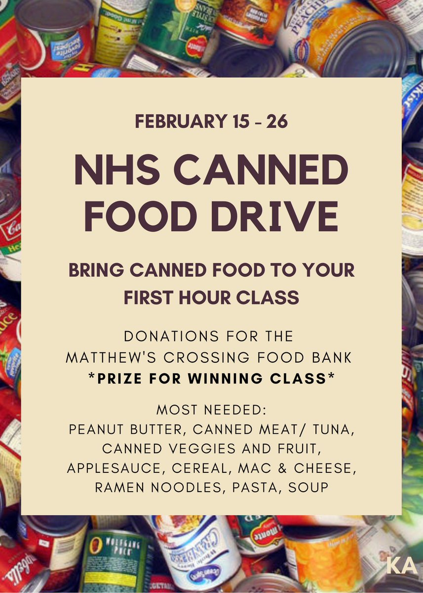 NhsPerry's tweet image. our food drive starts on tuesday!! as you’re out grocery shopping this weekend, grab some of the items on this list and bring them to your first hour class on tuesday!🥫winning class gets cookies!! 🍪