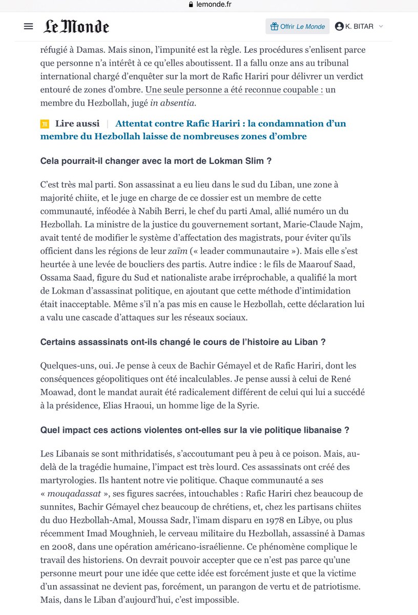 karimbitar's tweet photo. Karim Emile Bitar : «Les assassinats hantent la vie politique libanaise» https://t.co/mmsYiIEL5C via @lemondefr

My long, full-page interview in Le Monde on assassinations in Lebanese politics from Fouad Joumblatt in 1921 to Lokman Slim in 2021

Excerpts below for non-subscribers https://t.co/HFf0NCnFoQ