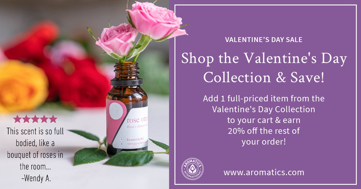 Our Valentine's Day Sale is here! 

From now through Sunday 2/14 @ Midnight ET:

Add 1 full-priced item from our Valentine's Day collection to your cart, earn 20% off the rest of your order! 

Click here to shop now: l8r.it/3dwA

#aromatherapy #essentialoils