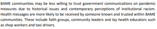 "Vaccine hesitancy" an erroneous term- no BAME person is "hesitant" to protect themselves, family & community from illness/death. Issue is about trust, confidence, messaging as identified by SAGE back in July 2020  https://assets.publishing.service.gov.uk/government/uploads/system/uploads/attachment_data/file/914924/s0649-public-health-messaging-bame-communities.pdf  1/3