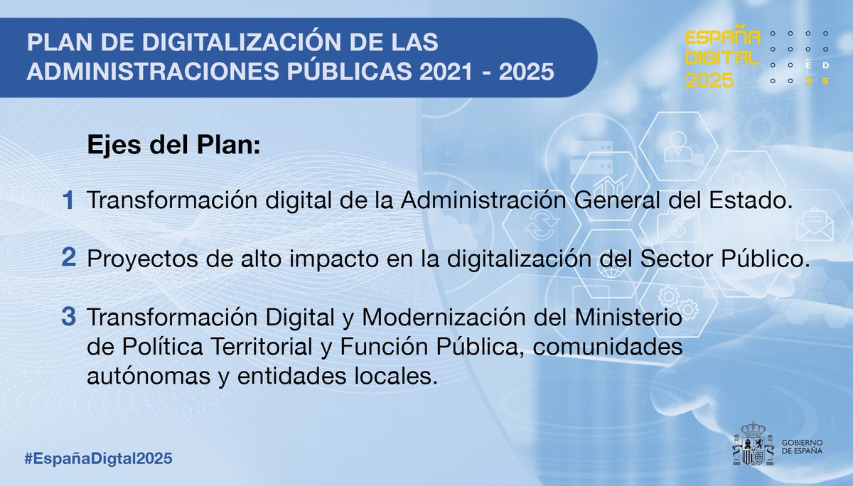 _minecogob's tweet photo. El Plan de Digitalización de las Administraciones Públicas es eje de la Agenda #EspañaDigital2025 y Plan de #Recuperación

Con una inversión pública de más de 2.600M€, el objetivo es avanzar hacia una Administración más sencilla, ágil y eficiente

➕info: https://t.co/SqEtOPyqRx https://t.co/fjXLdvESU2