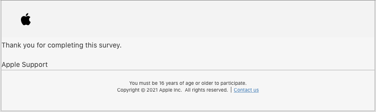 nolamike's tweet photo. @gruber What is the world coming to? End of the Apple service experience survey, as viewed in Safari. https://t.co/8FfRZcDL10