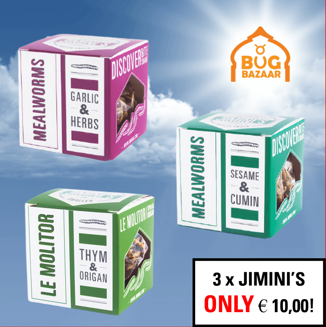 Now 3 JIMINI'S mealworms for €10,00 euros. Each product contains 18 grams of freeze dried mealworms.

shop.bugbazaar.com/product/110/sa…

#eatingbugs #eatinginsects #eatinsects #edibleinsects #entomophagy #entomofagia #insektenessen #insektensnack #insectsnack #snackinsects