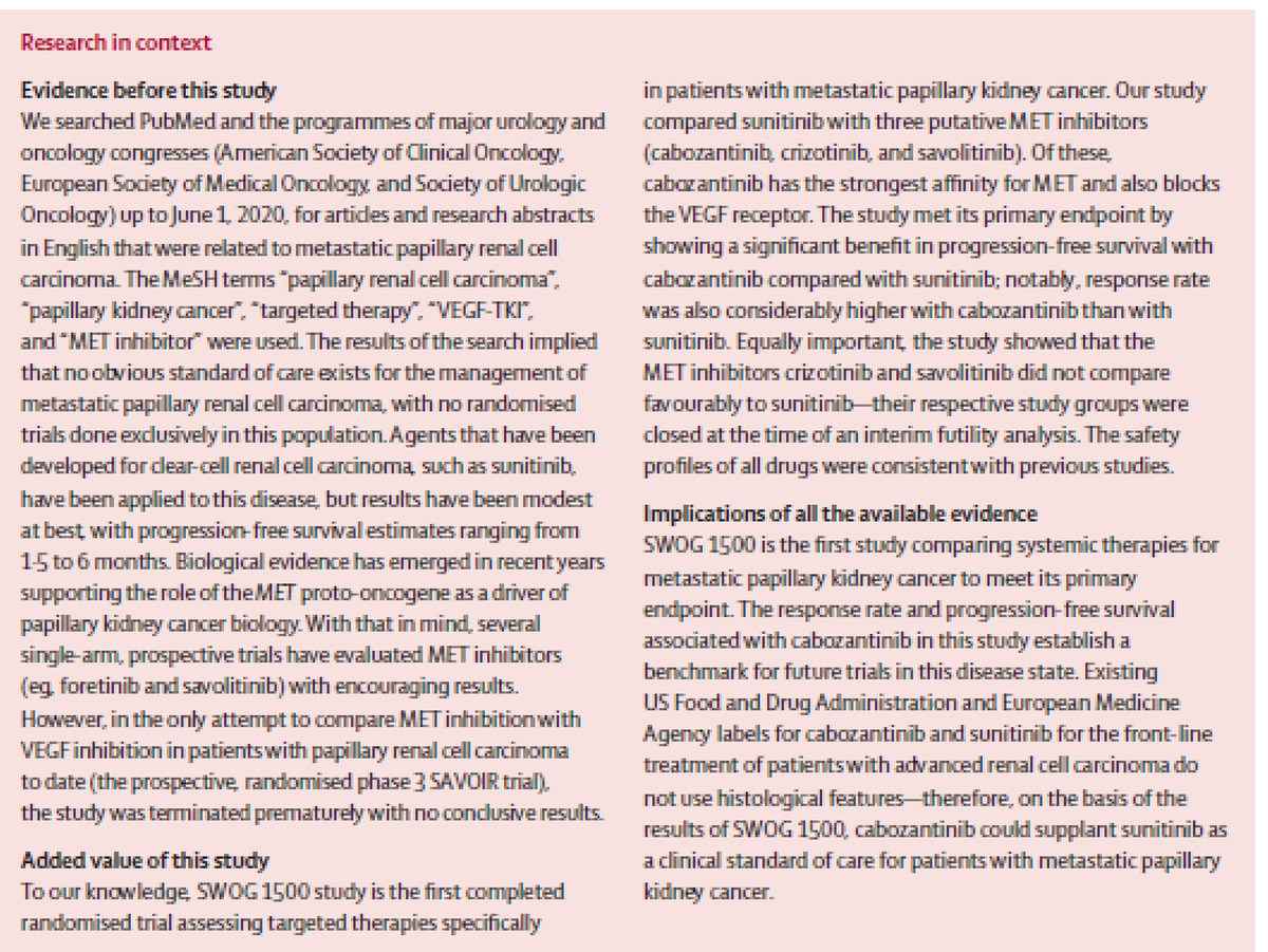 neerajaiims's tweet photo. #GU21 @ASCO King from @cityofhope is here with a bang👏👏 Establishes Cabozantinib as standard of care in metastatic papillary RCC #kidneycancer in this @SWOG1500 trial which just published in @TheLancet 👇@oncoalert @PrimoLaraMD @urotoday @DrChoueiri @DrRaviSalgia @VivekSubbiah https://t.co/BsvDWNoyWn