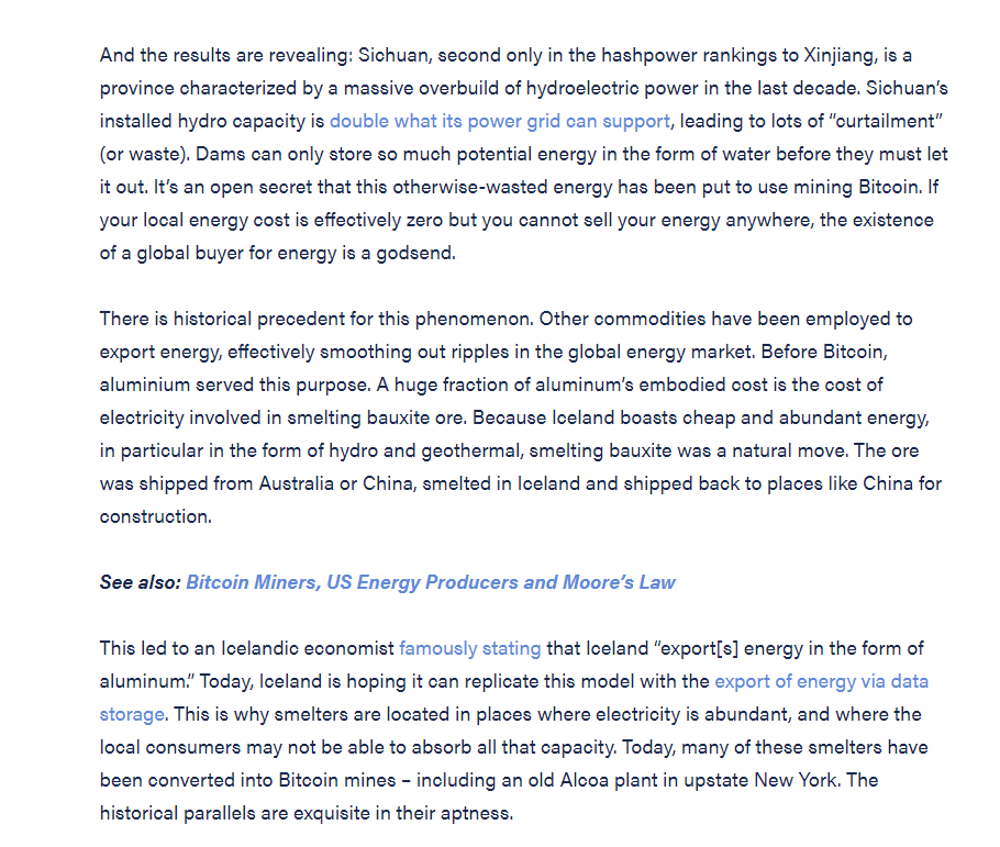There's this weird idea that comes up in the article linked: Bitcoin mining occurs using hydro power that would've otherwise been "wasted" because those plants are in grid-constrained areas, and the mining consumes "surplus"
