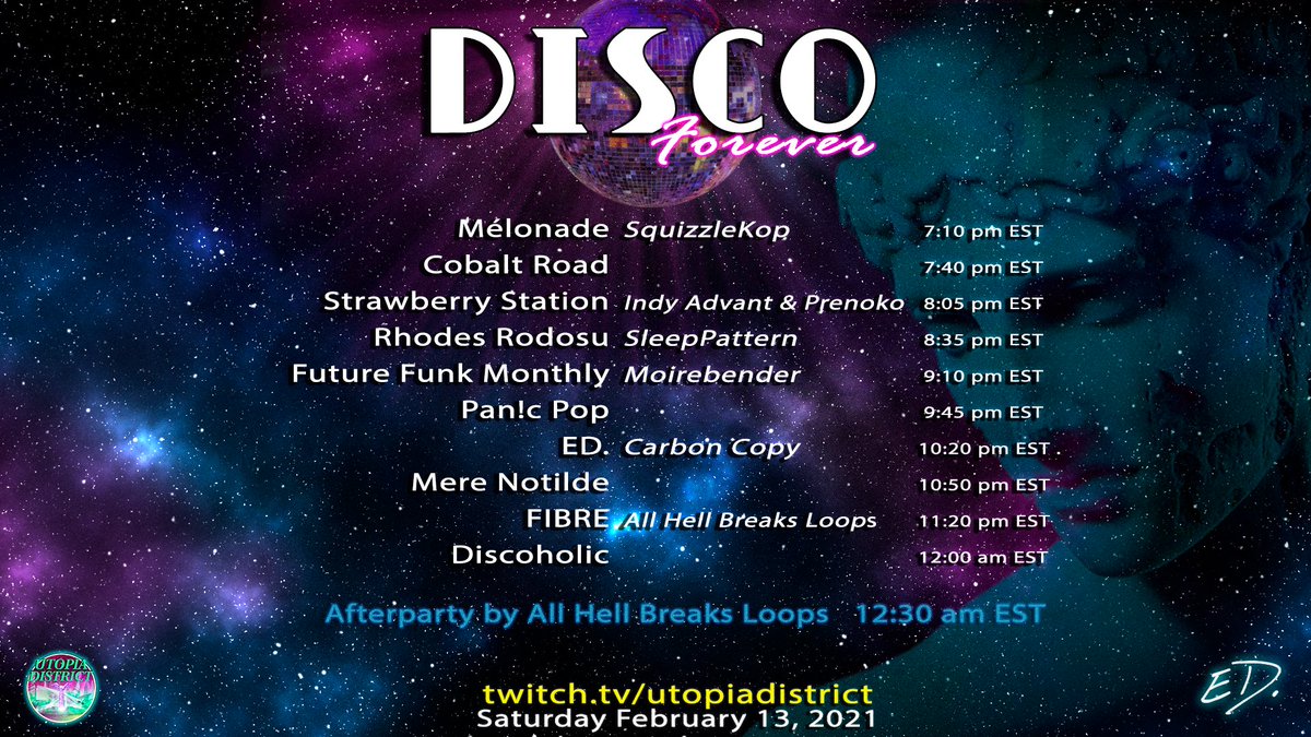 UtopiaDistrict's tweet photo. Today is the day! DISCO FOREVER is upon us! πΊ
Set times for you below. Show starts at 7:00PM EST!! β¨
https://t.co/tYu7ovhnY7
#futurefunk #vaporwave #liveevent #URLfest #visualart https://t.co/b0YOJE6u6v