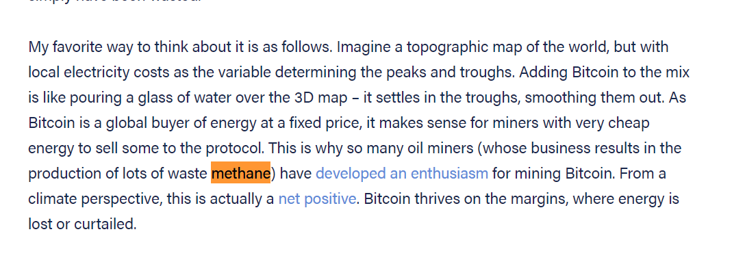 Probably the worst bit to me is the idea that using 'spare' methane gas to mine bitcoin is somehow an *environmental benefit* (!!!). This is where it all really breaks down and the sheer physical pain of the contortions becomes clear.