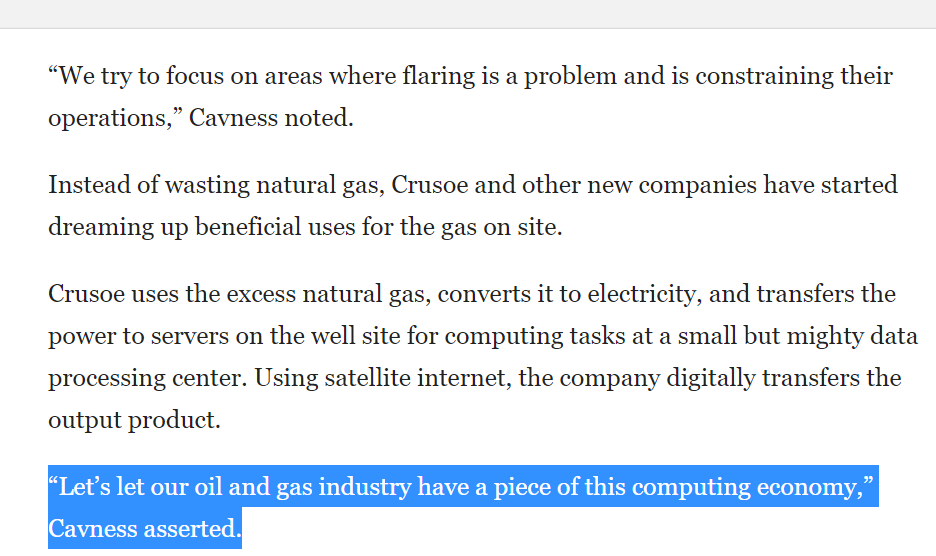 The nest of links leads back to this: A company called 'Crusoe' that takes gas destined for flaring, and burns it to power bitcoin mining. "We’re bringing some of that high-demand computing into the oil field" (!!!) https://web.archive.org/web/20201102135154/https://trib.com/business/energy/the-unlikely-marriage-of-cryptocurrency-and-crude/article_b6e3fd6c-e485-5e22-9a16-3e292dc79cfc.html