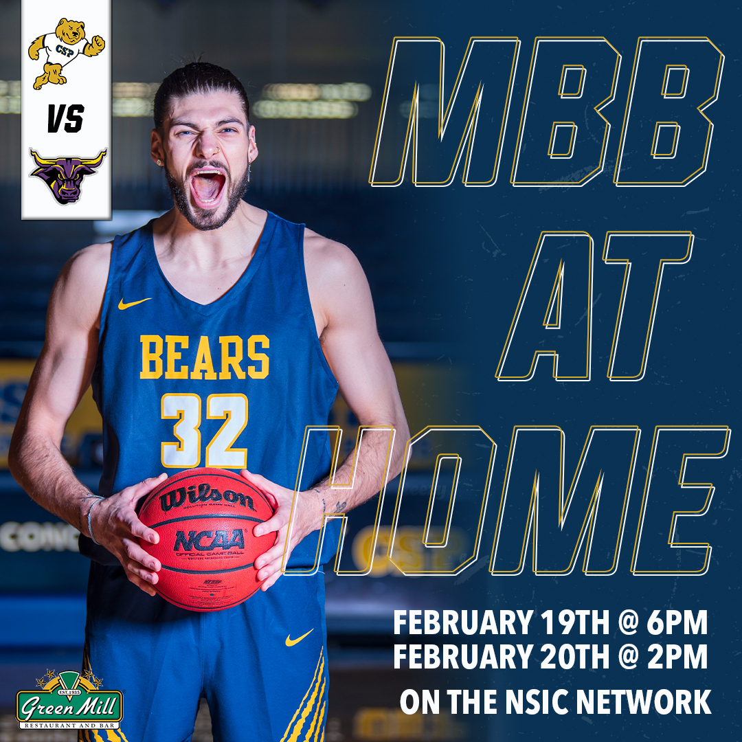 Concordia St. Paul (@cspbears) on Twitter photo The <a href="/CSPBearsMBB/">CSP Men's Basketball</a> team finishes the regular season at HOME this weekend 🏀 The Golden Bears will face Minnesota State - Mankato on Friday at 6PM and Saturday at 2PM. Watch live on the NSIC Network!
Presented by <a href="/GreenMill/">Green Mill</a>
#BeGolden #WeAreCSP The <a href="/CSPBearsMBB/">CSP Men's Basketball</a> team finishes the regular season at HOME this weekend 🏀 The Golden Bears will face Minnesota State - Mankato on Friday at 6PM and Saturday at 2PM. Watch live on the NSIC Network!
Presented by <a href="/GreenMill/">Green Mill</a>
#BeGolden #WeAreCSP