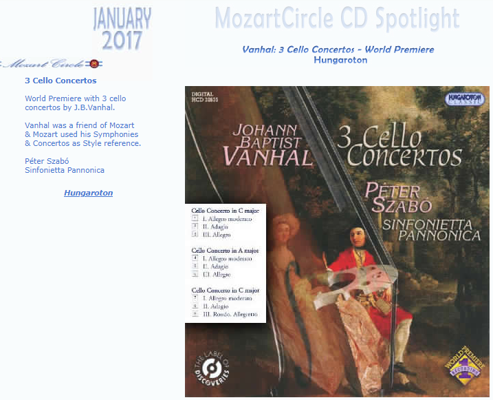 MozartCircle's tweet photo. #MozartCircle #ReviewsCDSpotlight 

World Premiere with 3 cello
concertos by #JBVanhal.

#Vanhal was a friend of #Mozart
&amp; Mozart used his Symphonies
&amp; Concertos as Style reference.

Péter Szabó
Sinfonietta Pannonica

https://t.co/fwaemZF63U https://t.co/x3OXOabnO6