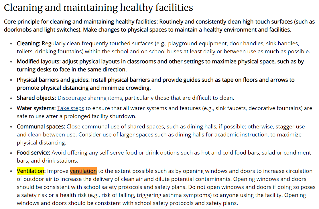 7/ New  #CDC school guidelines discuss various key processes to have in place, but only mentions "ventilation" in one line and never uses the word 'airborne', 'aerosol' and never hints further at the idea that virus could (much less, likely will) be transmitted beyond 6 ft.