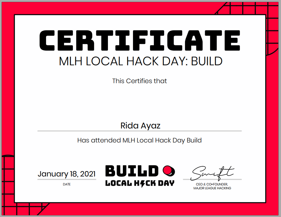 RidaAyaz8's tweet photo. Just received certificate of appreciation form @MLHacks for taking part in Local Hack Day: Build 2021. ❤️
It was a wonderful learning experience filled with unexpected but interesting challenges. Looking forward to take part in #LHDshare. 
#mlh #localhackday #LocalHackDay https://t.co/vOQRyGJVh9
