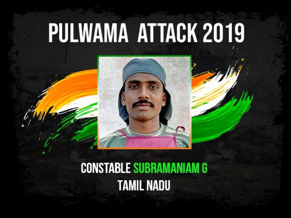 Pulwama immortals - 8Salutes to CONSTABLE SUBRAMANIAM Ghailing from Tuticorin  #TamilNadu, Constable Subramaniam had come home on a month long leave to get treatment for his ailing father, had joined back duty on Feb 11th n immortalized himself on Feb 14th #KnowYourHeroes