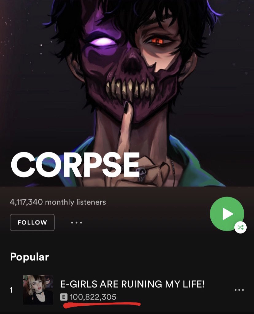 Corpse Husband (@Corpse_Husband) on Twitter photo 2021-02-13 19:21:03 E-GIRLS HIT 100M plays on Spotify✨🦇 Thank you so much for everything. All thanks to y’all 🖤 E-GIRLS HIT 100M plays on Spotify✨🦇 Thank you so much for everything. All thanks to y’all 🖤