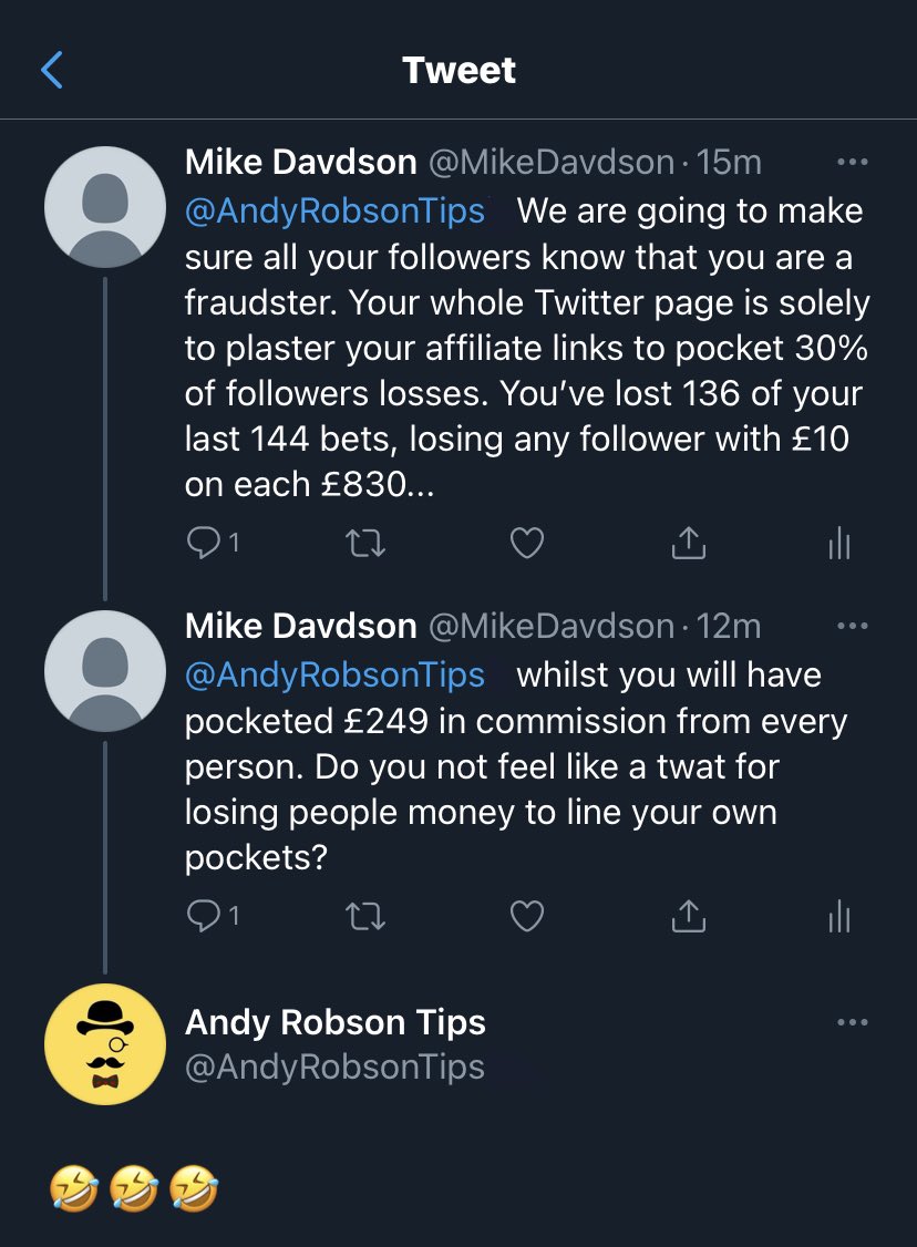 RogerThornton1's tweet photo. @PaulCanada  can’t believe you follow Andy Robson Tips. He is a scumbag fraudster who laughs at you all for making himself rich. https://t.co/UtsngdEl0s