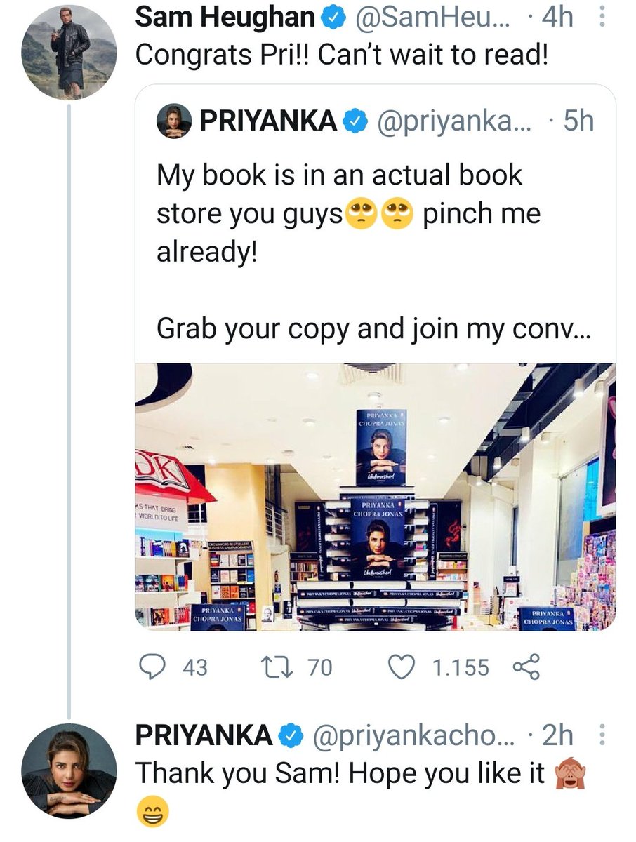Sam also reminded us about Pri's book launch  #Unfinishedand just like Sam,i also can't wait to read it! Loving the support and the friendship between these two amazing human beings! When fandoms collide, good things happen!  #SamHeughan  #PriyankaChopra