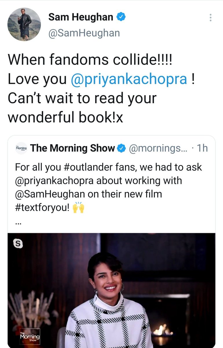 Sam also reminded us about Pri's book launch  #Unfinishedand just like Sam,i also can't wait to read it! Loving the support and the friendship between these two amazing human beings! When fandoms collide, good things happen!  #SamHeughan  #PriyankaChopra