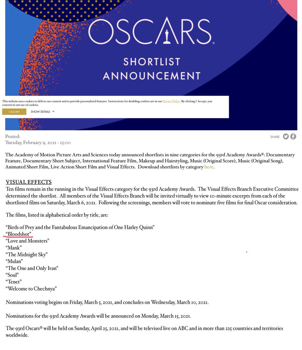 And if you didn't catch the info,  @BMarlene_ let us all know that  #Bloodshot made the Oscars shortlist for Special Effects! Awesome and well deserved! @SamHeughan