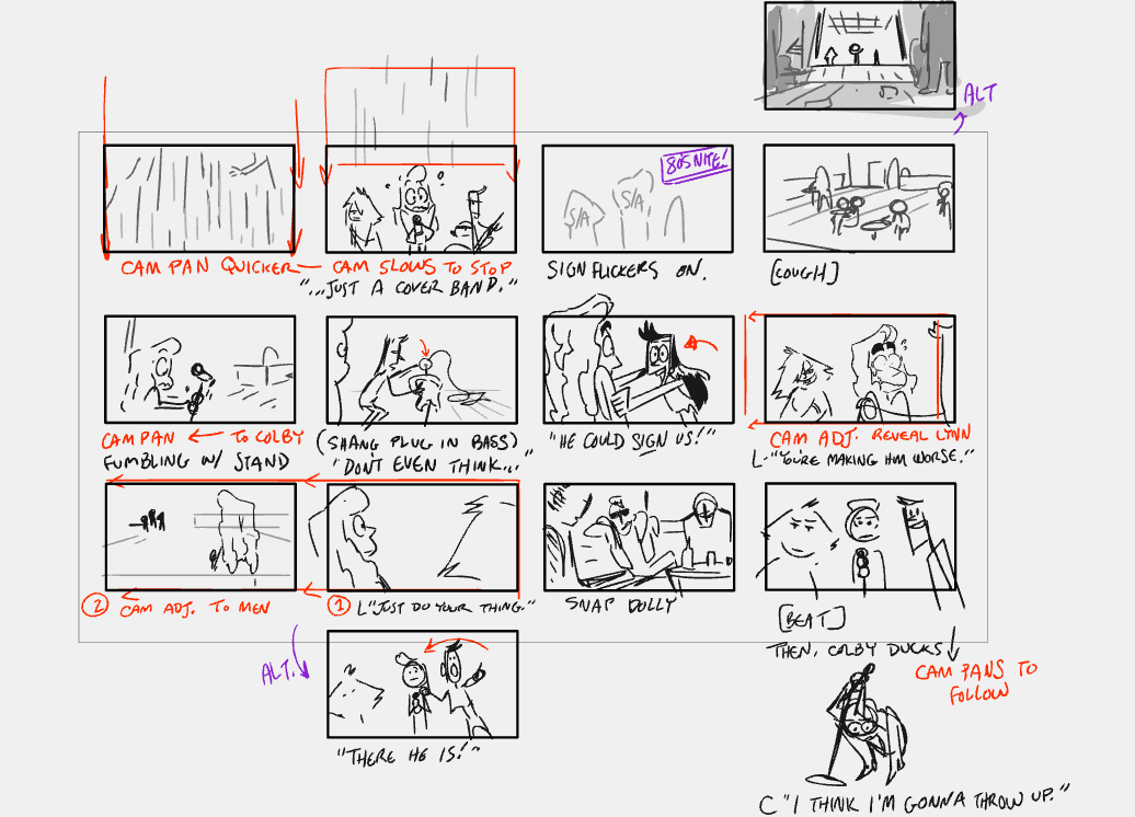 For #Feboardary I'm going through my boarding process in detail - and it usually starts with thumbs that look like this! I keep them super-tiny and super illegible so I never get "married" to any one shot composition. My first ideas aren't always best, so I do a lot of alts! 
