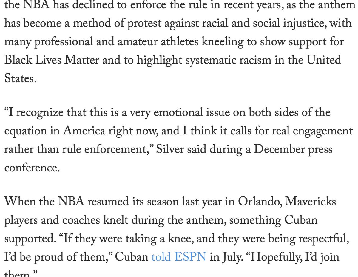 You know what happened at the same time? Mark Cuban, famous media figure, owner of the Dallas Mavericks (NBA ) decided to stop playing the national anthem before games. He also publicly supported Kaepernick and BLM. Paywalled, but it's here  https://theathletic.com/2376670/2021/02/09/dallas-mavericks-anthem-nba-mark-cuban/