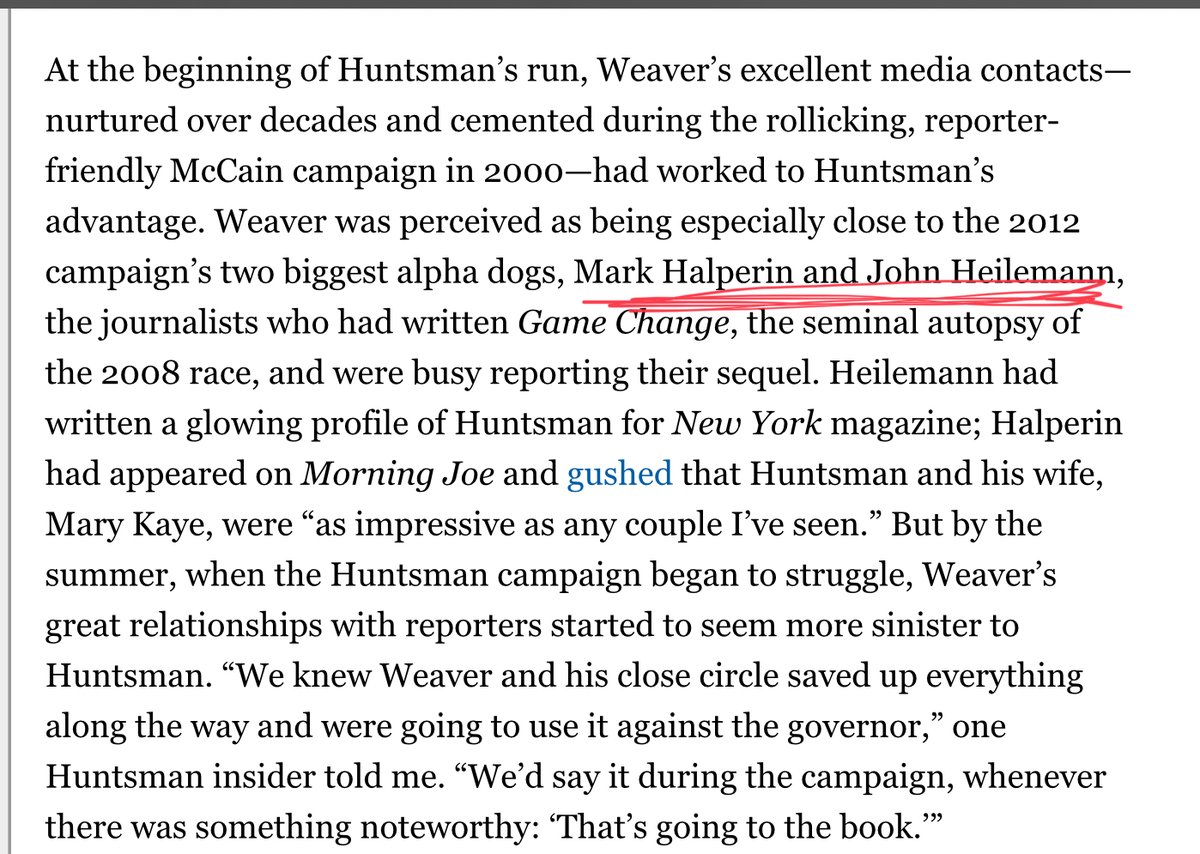 Every politician who wanted to fire Weaver was afraid to because of his amazing media reach. They knew he would ruin them in the presswho were his media “go-tos”?Halperin and Heilemanncurrently of the HBO show “The Circus”, and avid consumers and purveyors of Trump/Russia