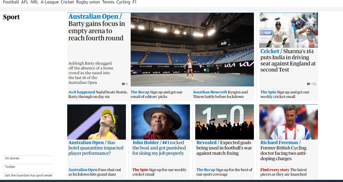 Slightly less  #BallsOnly  @GuardianAus &  @GdnAusSport Sunday sports splash 2/9  #WomenInSport  Barty gains focus in empty arena to reach fourth round  https://www.theguardian.com/sport/2021/feb/13/tennis-ashleigh-barty-empty-arena-australian-open-ekaterina-alexandrova-karolina-pliskova.../
